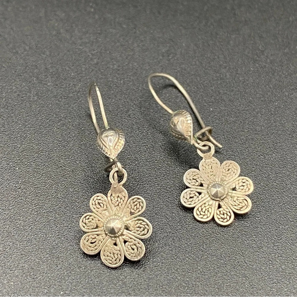 Turkish 925 Sterling Silver Rectangular Filigree Dangle  Oxidized Turkish Silver Filigree Floral Artisan Earrings